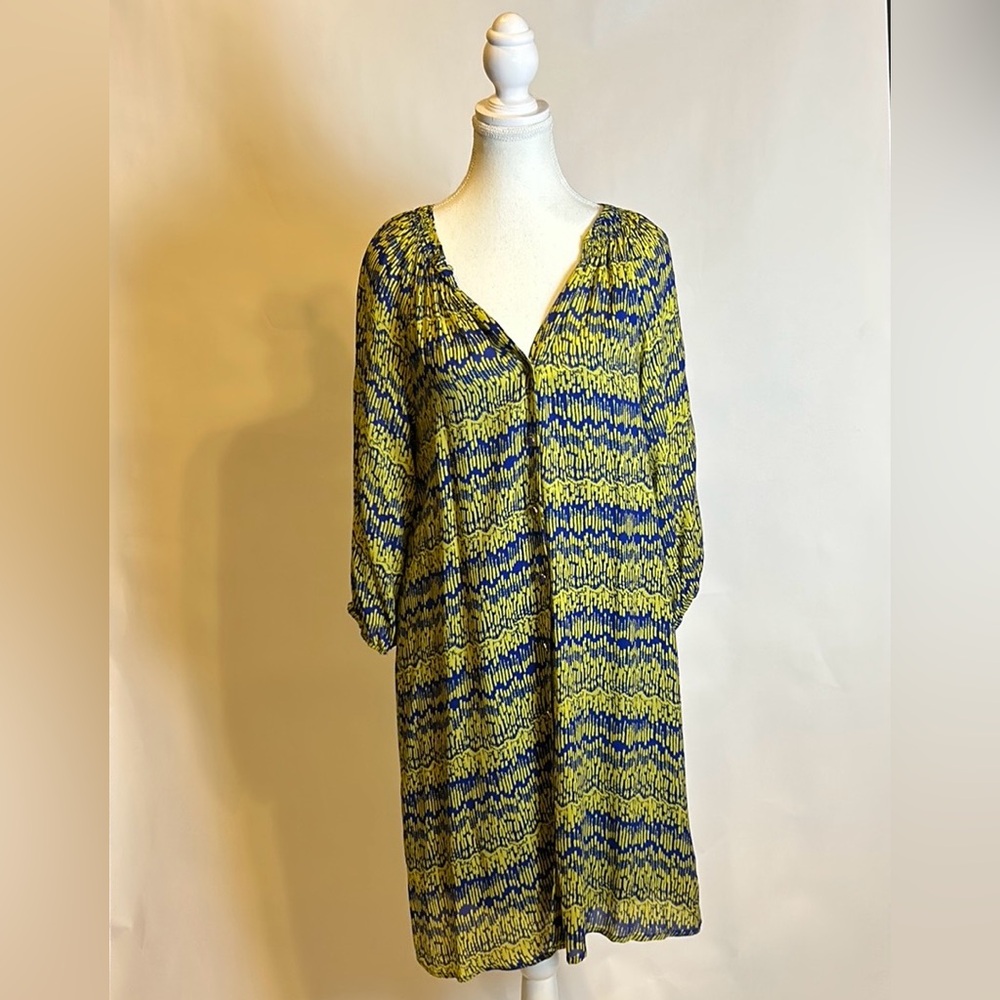 Shoshanna | Silk Chartreuse and Purple 3/4 Sleeve Shift Dress | Size 6 - Picture 1 of 17